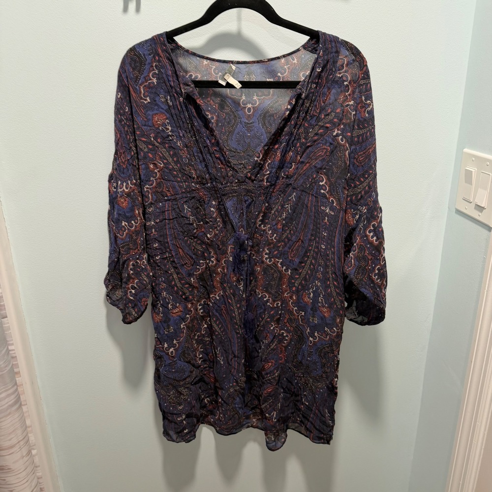 Joie Paisley Tunic Blouse Blue Large Boho Festival Casual